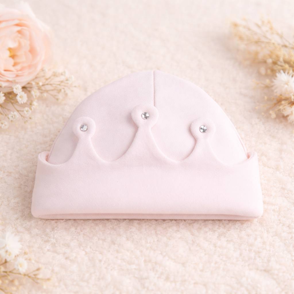 Pink jewelry holder with earrings on a soft, light-colored surface with flowers.