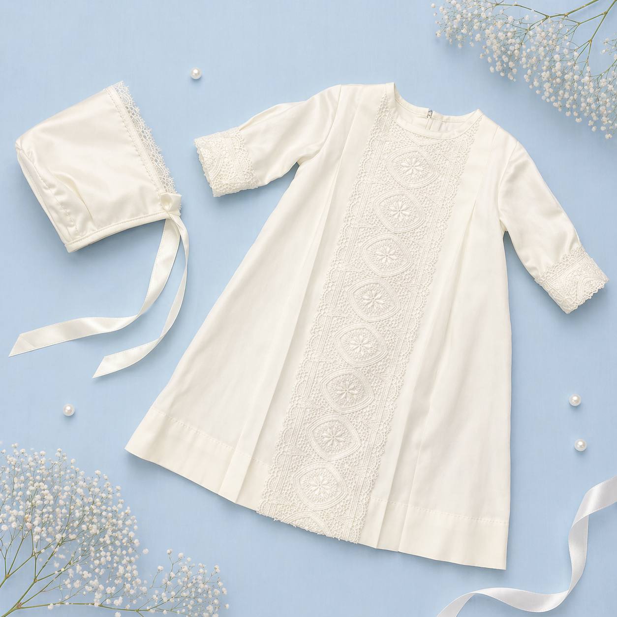 ivory baby boy baptism gown with lace details and matching bonnet on a light blue background with decorative elements.