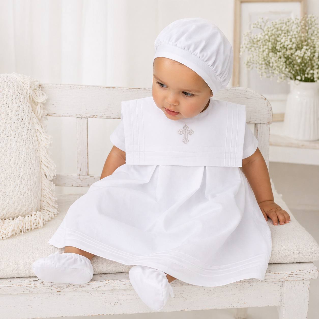 WILLIAM Boy Christening Gown Set – Long Cotton Baptism Gown with Cross