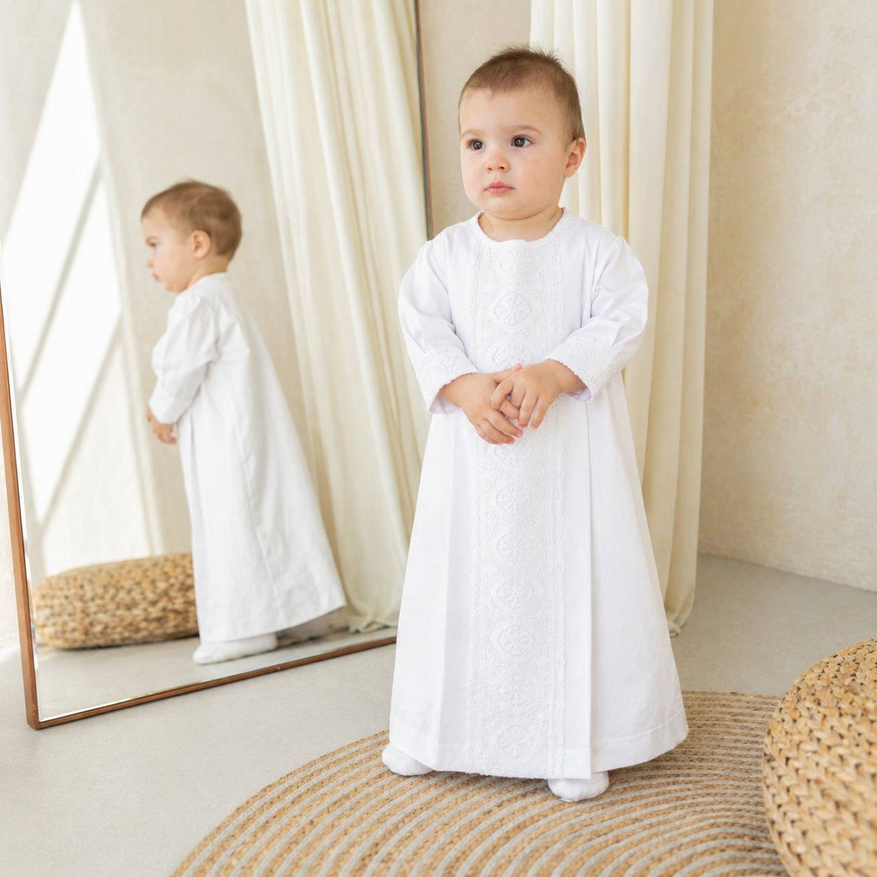 ELISHA Boy Christening Gown – Cotton Baptism Outfit, Ivory or White