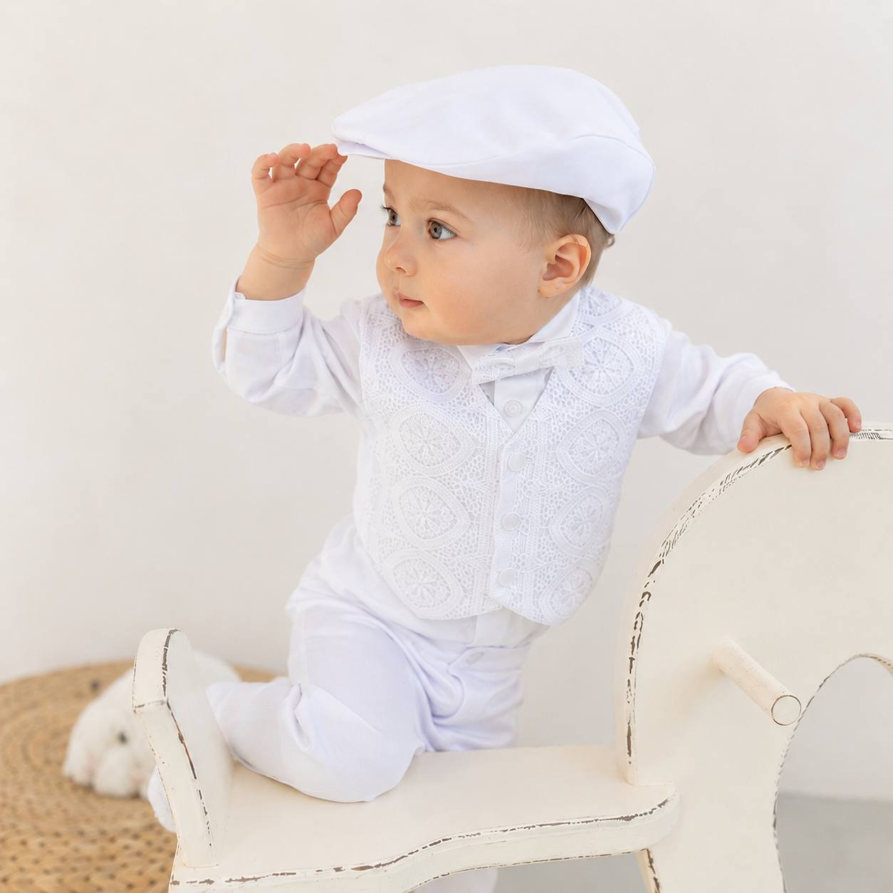 ELIJAH White Baby Boy Baptism 4-Piece Suit