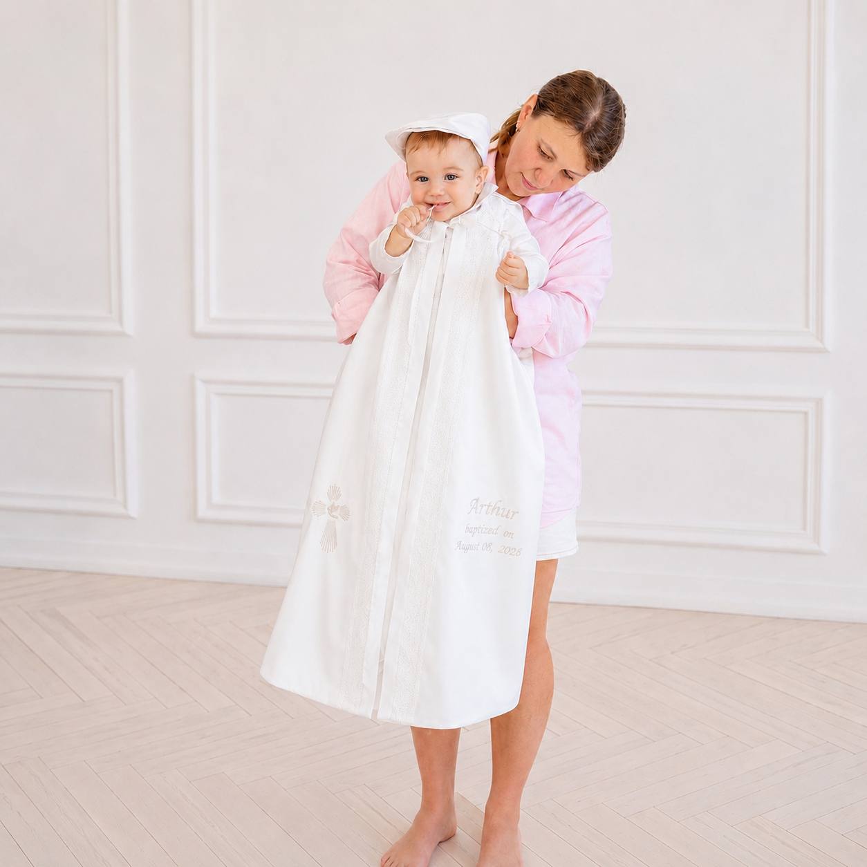 A woman in a pink robe holds a baby wearing a white baptism robe with a small white hat. The room has a light wood paneled wall and pale wood floor.