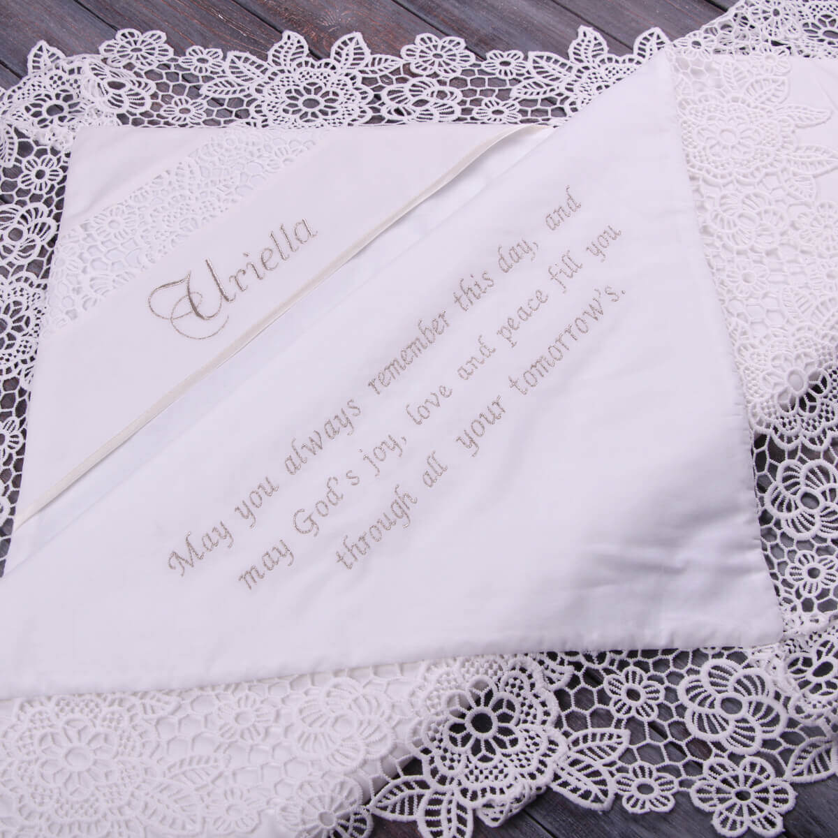 White embroidered baptism blanket with lace trim with praying
