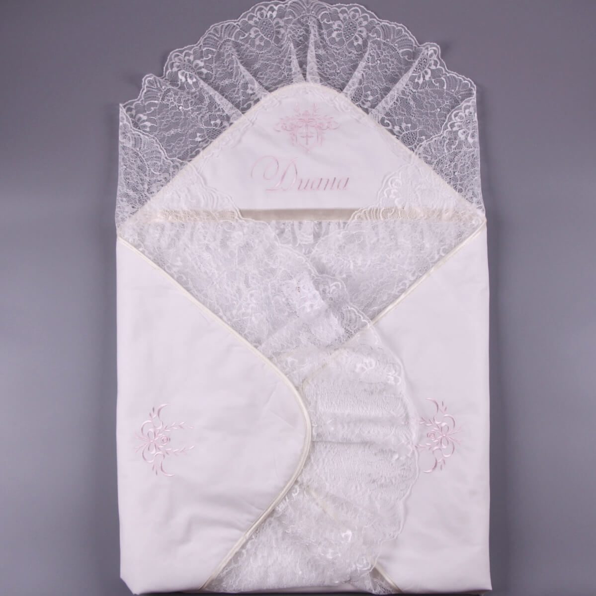 Lace baptism blanket with a gray background