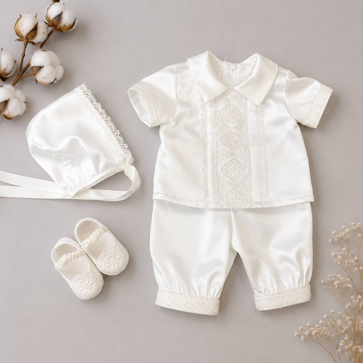 THEO Cotton Christening Set with Hat and Booties for Boys