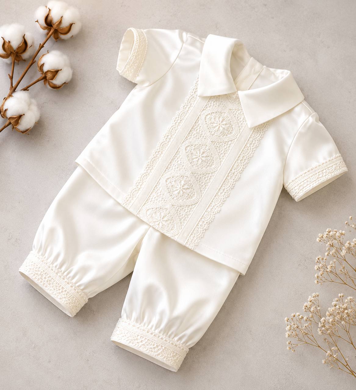 THEO Cotton Christening Set with Hat and Booties for Boys