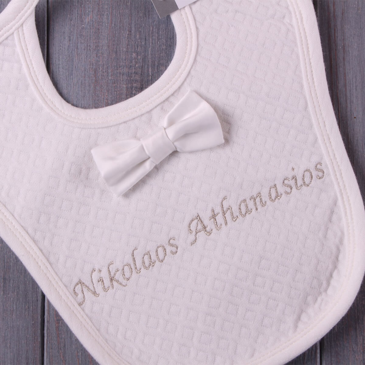 Baby Boy Bib – Ivory Quilted Cotton with Bow & Name - OLIVER